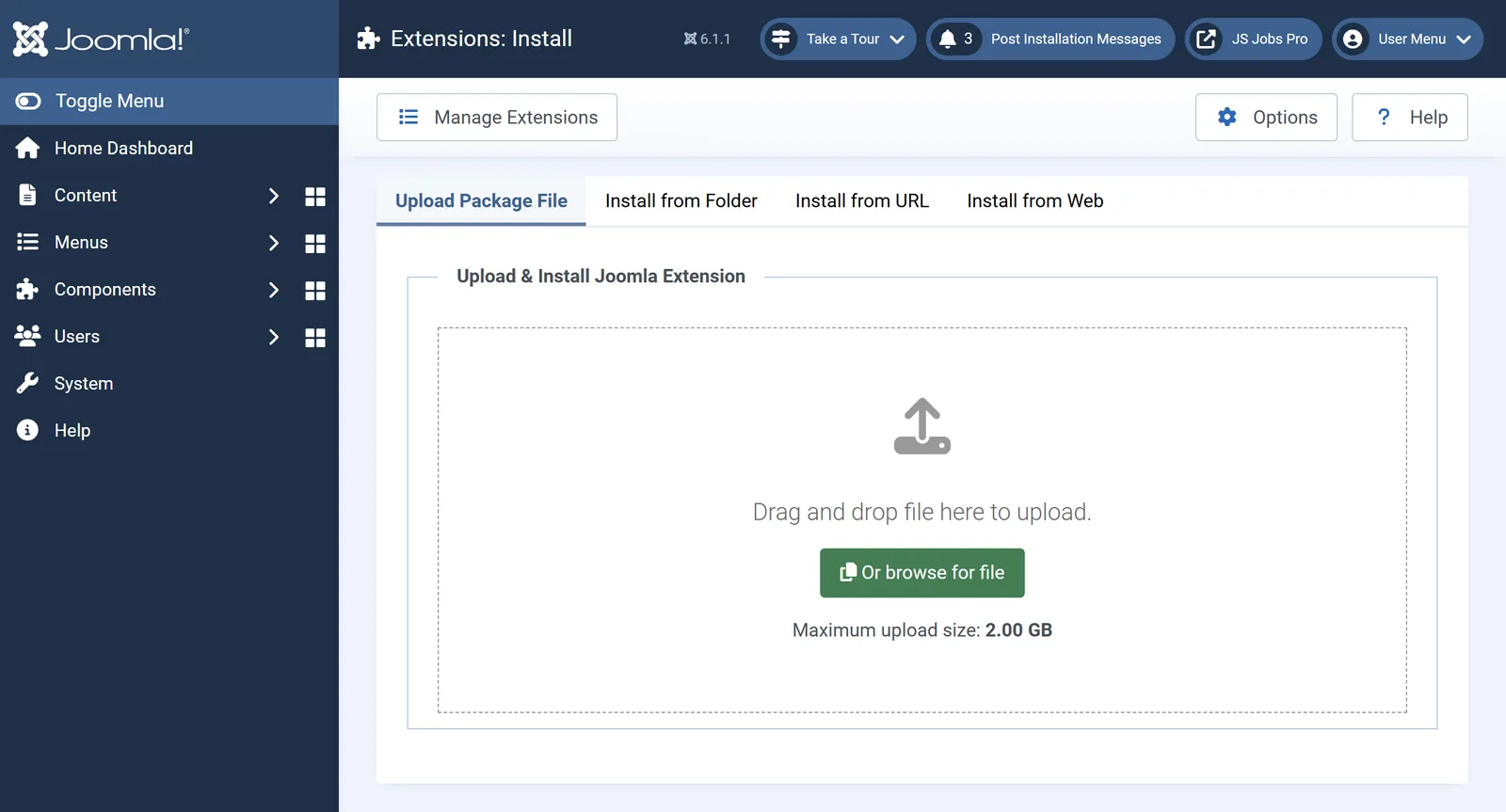 Joomla 6 Extensions: Install screen with the Upload Package File tab