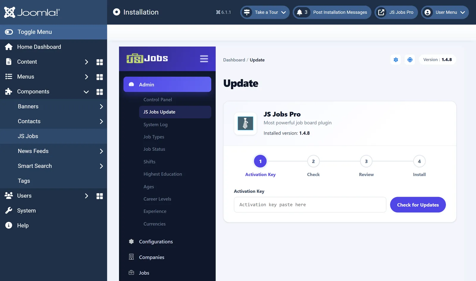 The JS Jobs Update screen in Joomla 6 with the activation key field and the steps Activation Key, Check, Review, Install