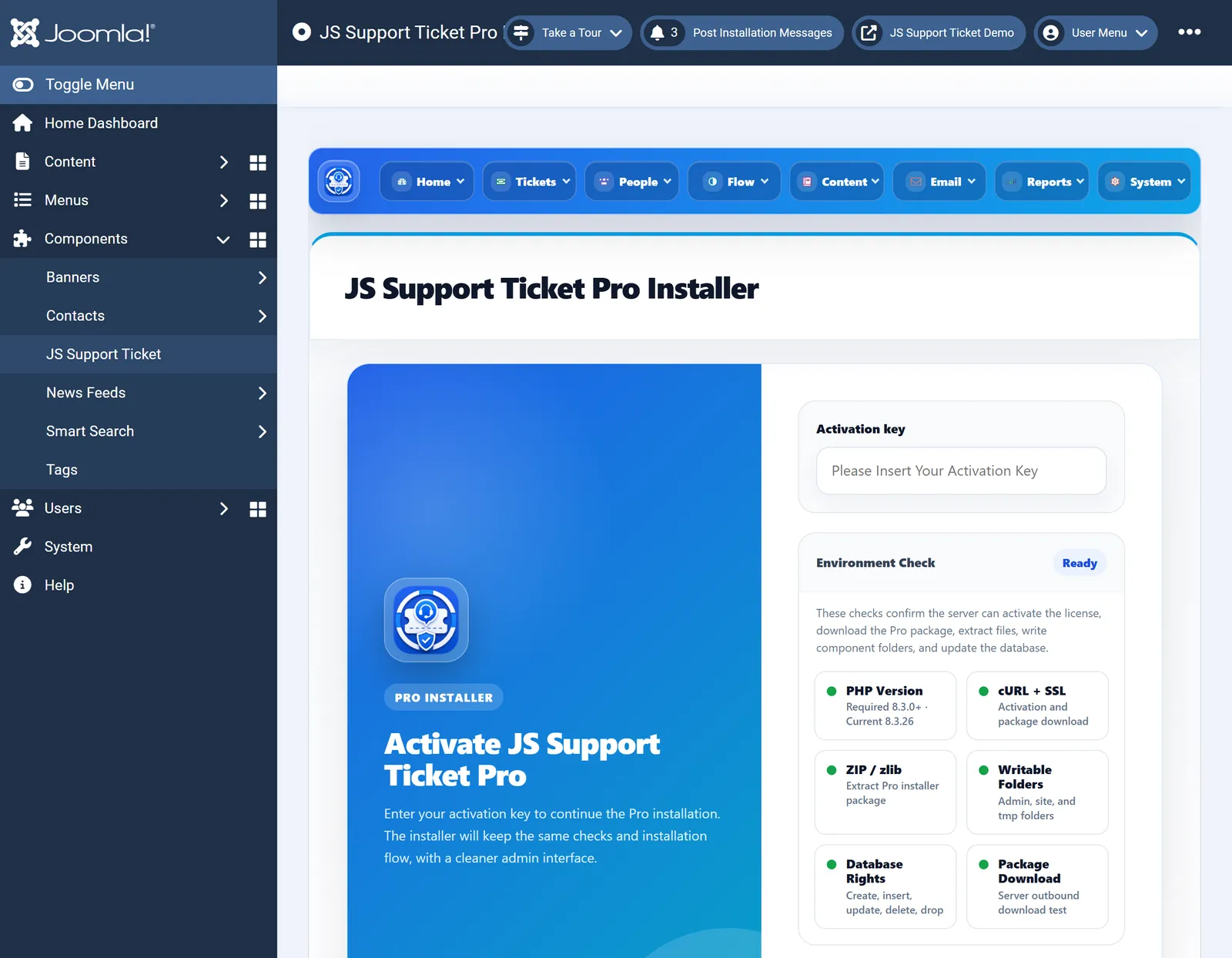 The JS Support Ticket Pro Installer in Joomla 6 with the activation key field and the environment check