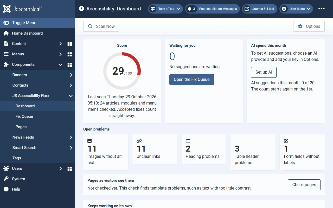 The dashboard: a score out of 100, suggestions waiting, AI spend this month and open problems by type