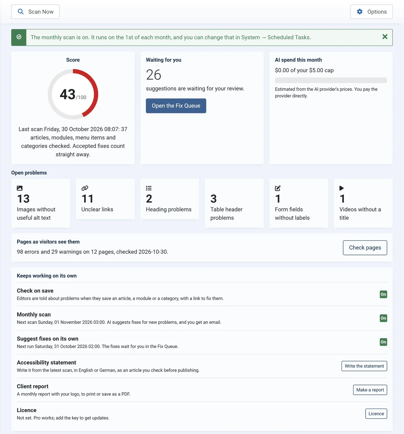 Dashboard with the score, waiting fixes, AI spend, open problems and the monthly scan and nightly suggestions switched on