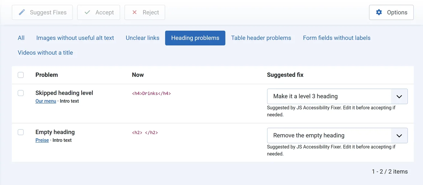 Fix Queue with heading problems: a skipped heading level with the fix Make it a level 3 heading, and an empty heading with the fix Remove the empty heading