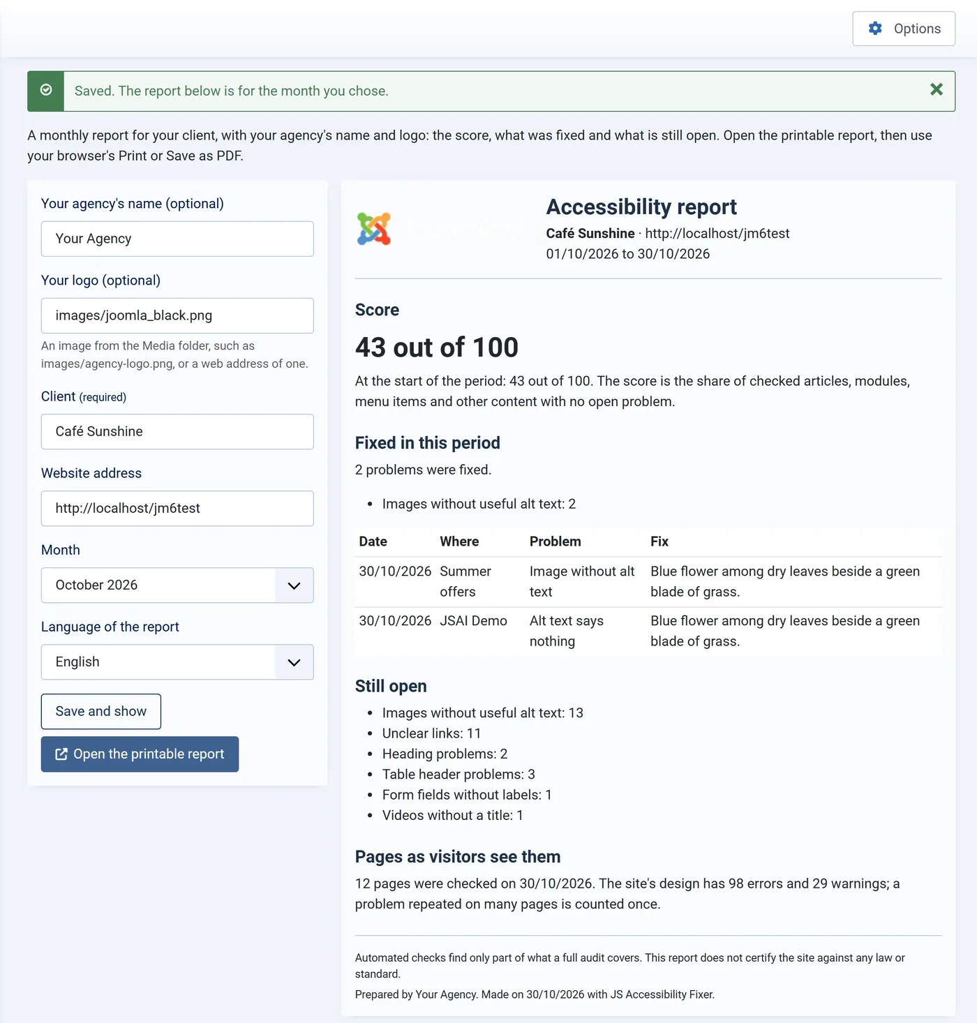 Client report settings with agency name, logo, month and language, and the printable report
