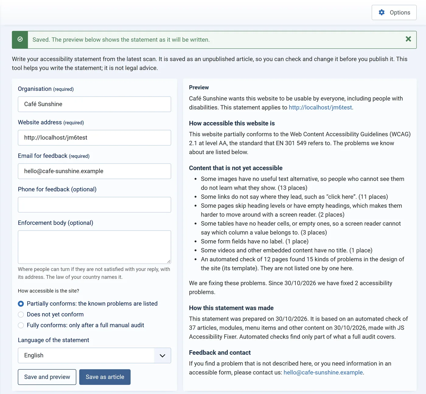 Accessibility statement form with organisation details and a preview of the statement written from the latest scan