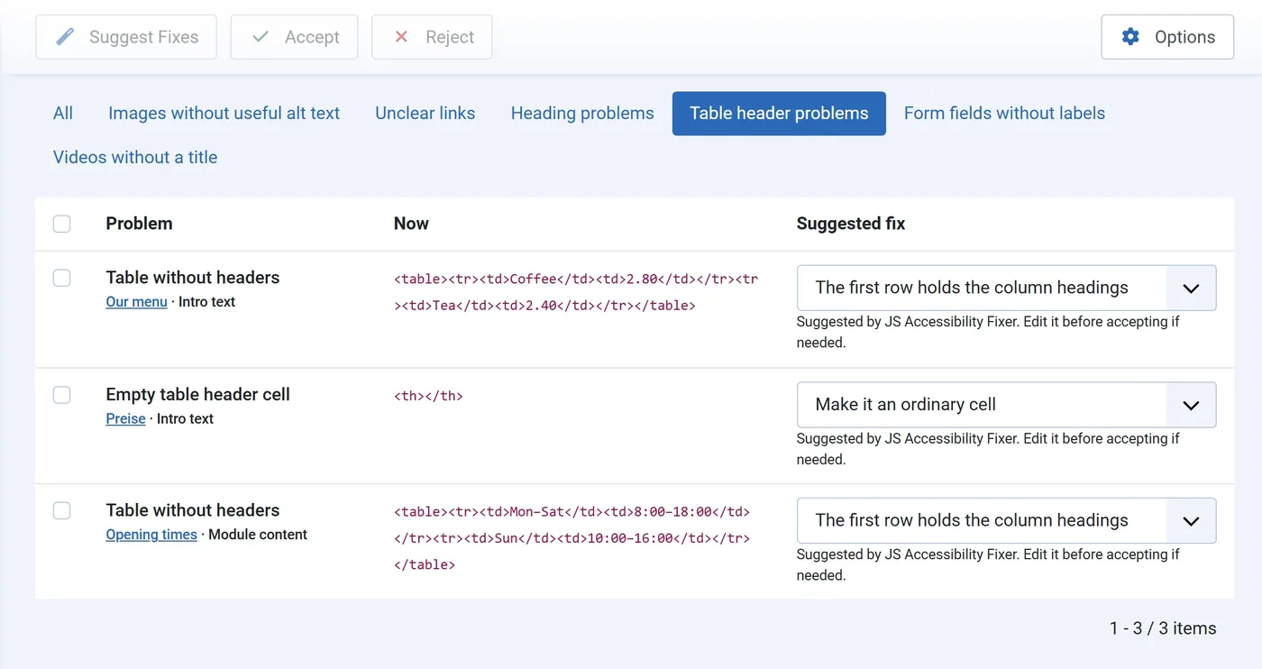 Fix Queue with table header problems: tables without headers with the fix The first row holds the column headings, and an empty header cell with the fix Make it an ordinary cell