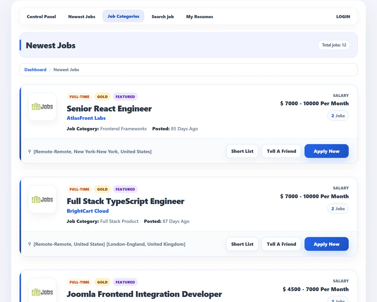 The JS Jobs job list: featured and gold jobs with salary, location and Apply Now