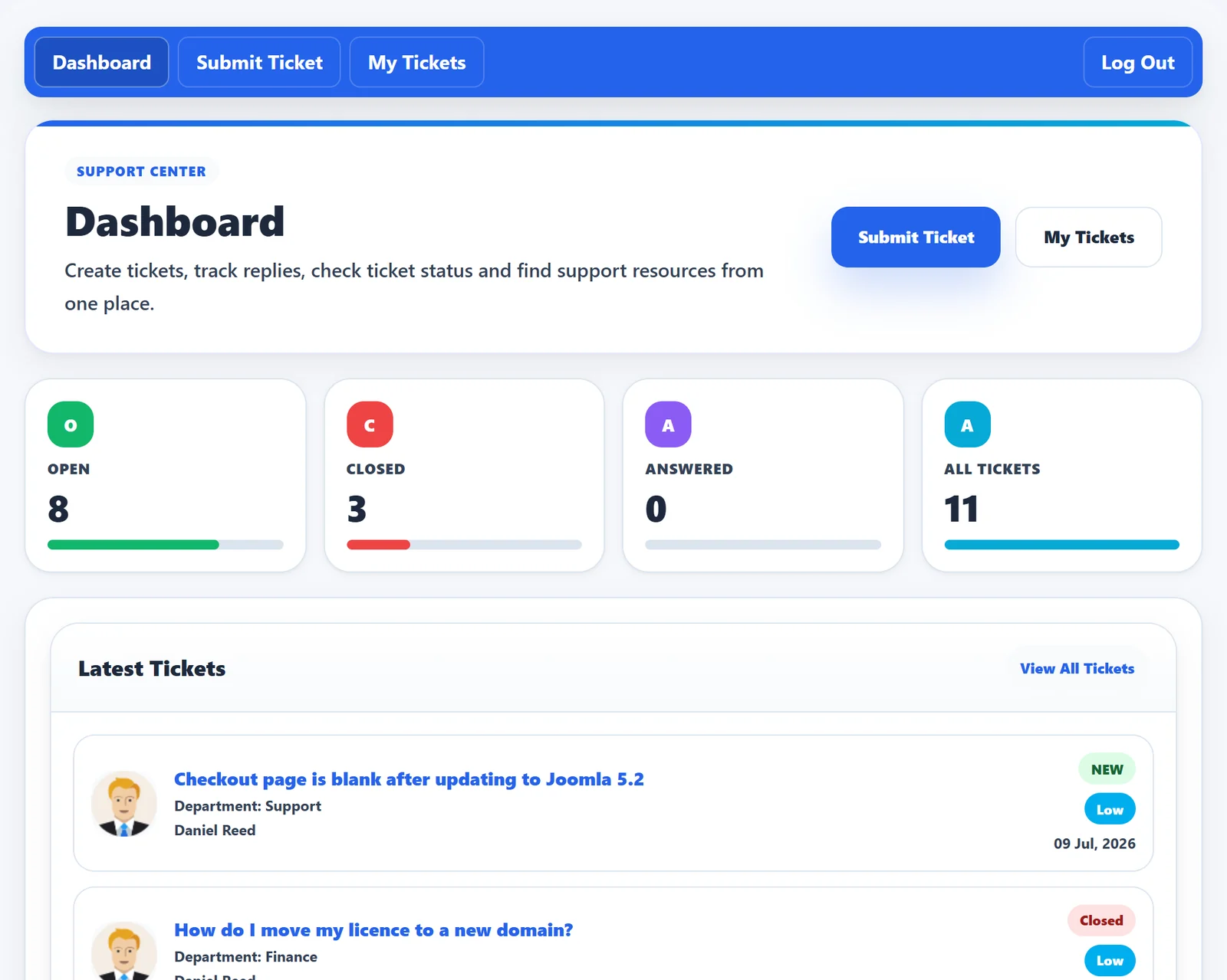 The JS Support Ticket dashboard: open, closed and answered counts and the latest tickets with status and priority